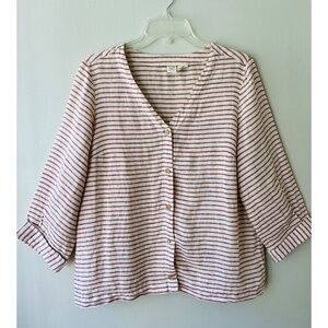 Artisan NY Sz M Cinnamon Cream Striped Linen Button Down Blouse Top V Neck